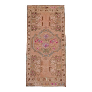 1960s Low Pile Hand Knotted Turkish Small Rug Faded Mat Accent Rug - 21'' X 45'' For Sale