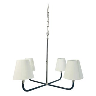 Chapman & Myers “Basden” Medium Chandelier for Visual Comfort, Nickel & Rattan For Sale