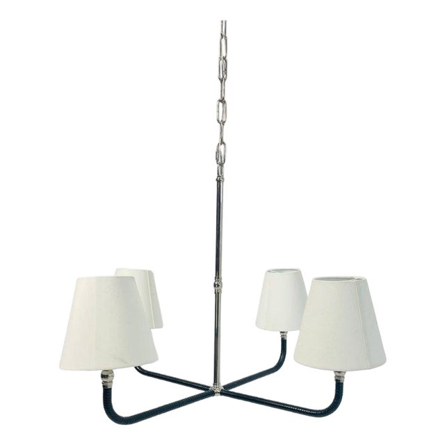 Chapman & Myers “Basden” Medium Chandelier for Visual Comfort, Nickel & Rattan For Sale