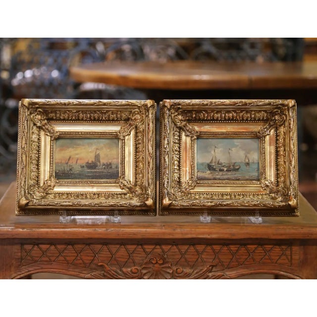 Blue Pair of 19th Century French Marine Oil Paintings in Giltwood Frames, Dated 1878 For Sale - Image 8 of 12