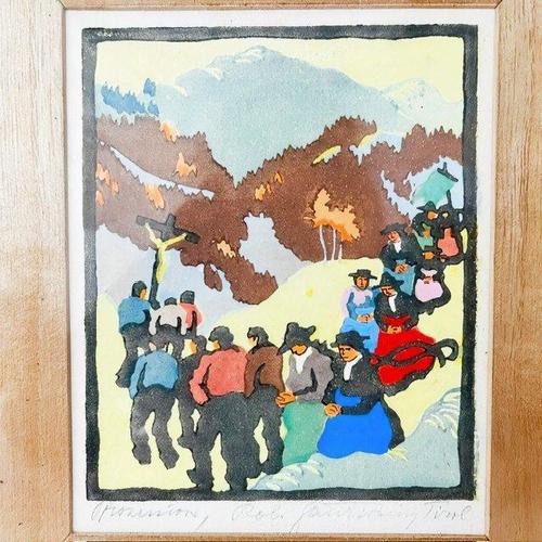 This artwork is a colored woodcut titled “Prozession” (Procession) by the Austrian artist Robert Saurwein (1907-1942)....