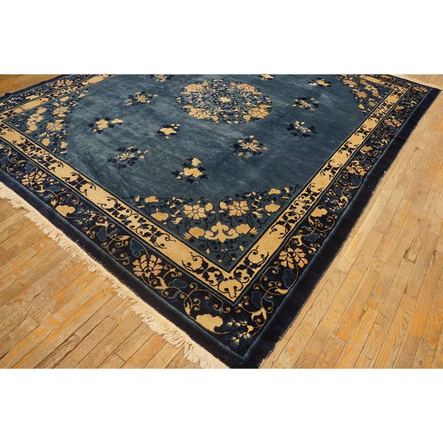Textile 1920s Blue-Navy Background Floral-Medallion Design Antique Chinese Peking Rug For Sale - Image 7 of 8
