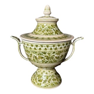Vintage Italian Meiselman Earthenware Green & White Tureen/Lidded Urn For Sale