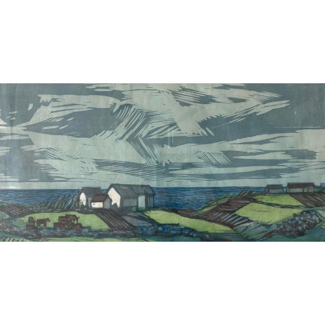 Framed Mid Century Woodblock Print of Houses on the Coast For Sale In Austin - Image 6 of 12