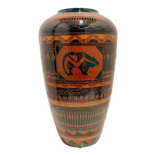 Large Signed W. Johnson Navajo Carved Art Pottery Floor Vase For Sale