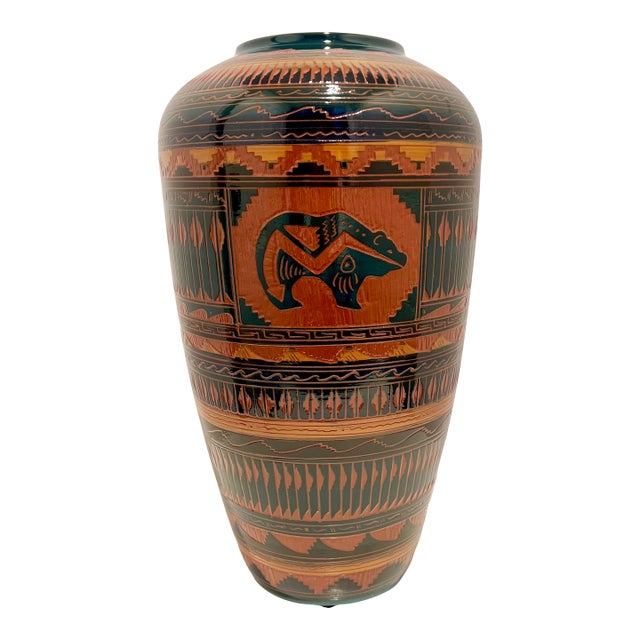 Large Signed W. Johnson Navajo Carved Art Pottery Floor Vase For Sale