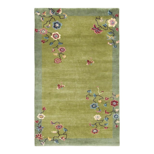 Contemporary Chinese Deco Style Olive Green Floral Wool Rug by Rug & Kilim For Sale