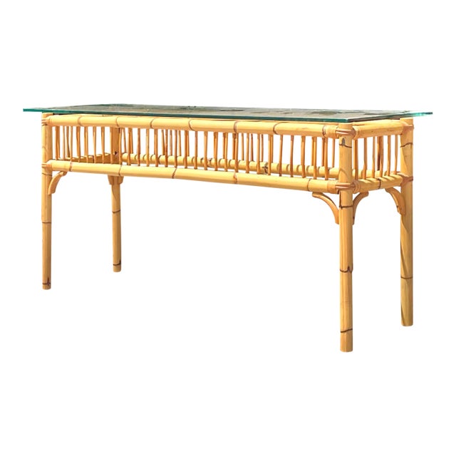 Vintage Coastal Bamboo Console Table For Sale