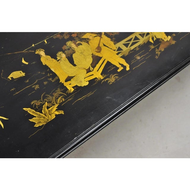 Vintage Chinoiserie Oriental Black Lacquer Gold Gilt Trestle Bench Coffee Table For Sale - Image 9 of 12