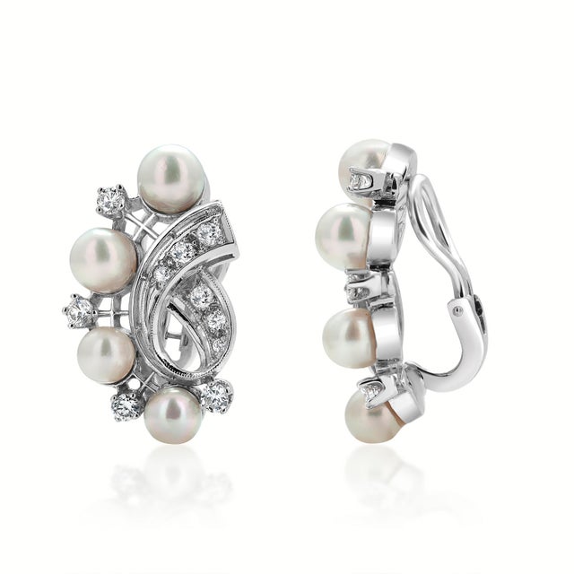 1960s Vintage Mid Century 14k White Gold Diamond Pearl Clip-on Earrings, A Pair For Sale - Image 5 of 8