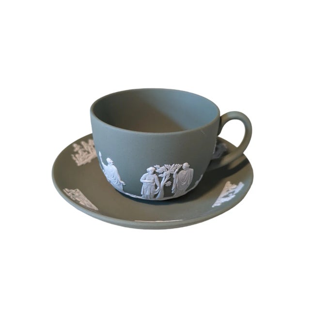 English 1970s Wedgwood Green Jasperware Cup & Saucer For Sale - Image 3 of 12