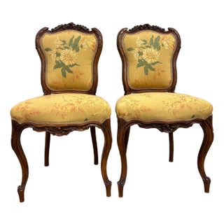 Antique French Louis XV Style Floral Tapestry Upholstered Walnut Side Chairs For Sale