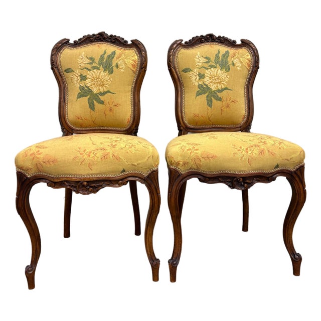 Antique French Louis XV Style Floral Tapestry Upholstered Walnut Side Chairs For Sale