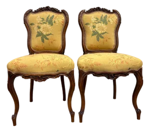 Antique French Louis XV Style Floral Tapestry Upholstered Walnut Side Chairs