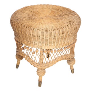 Antique Heywood Brothers Wicker Vanity Stool Ottoman Pouf Circa 1880/1920s For Sale