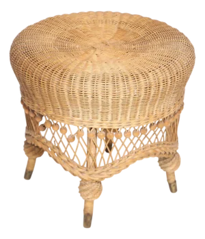Antique Heywood Brothers Wicker Vanity Stool Ottoman Pouf Circa 1880/1920s