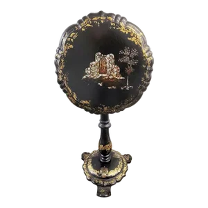 Rococo Revival Black and Gold Papier Mache Tilt-Top Table With Religious Scene