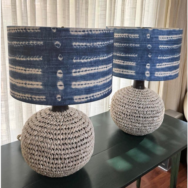 Nautical South Pacific Cowrie Sea Shell Encrusted Table Lamps Ikat Style Shades - A Pair For Sale - Image 3 of 12