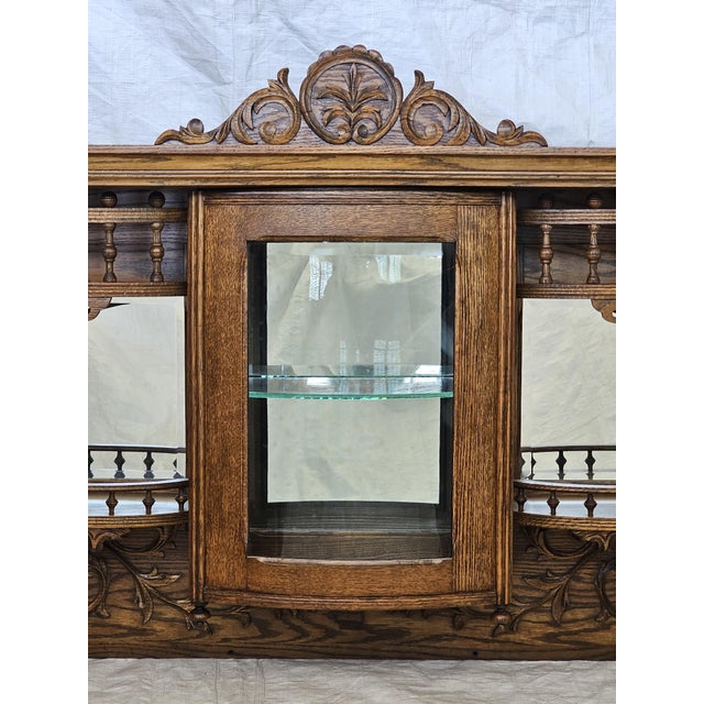 Late 19th Century Antique 1890s Tiger Oak Over Mantel With Bowed Glass Cabinet & Beveled Mirrors For Sale - Image 5 of 17
