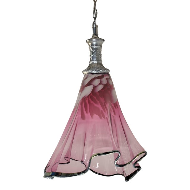 Large Fazzoletto Art Glass Raspberry Pink White Oval Pattern Pendant Light Signed For Sale - Image 17 of 18