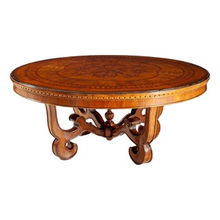 Italian Round Solid Walnut Dining Table With Inlaid Top and Pedestal Base For Sale