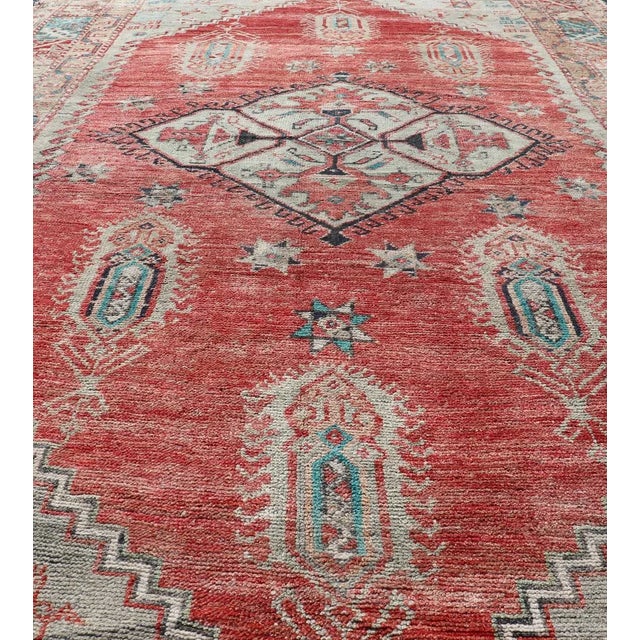 Antique Turkish Oushak Rug With Red, Soft Blue, Teal, and Cream Accents For Sale - Image 4 of 13