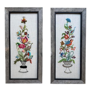 Vintage Textile Framed Wall Art Jacobean Panel Duo Crewel Embroidery Butterfly Bluebird For Sale