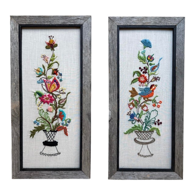 Vintage Textile Framed Wall Art Jacobean Panel Duo Crewel Embroidery Butterfly Bluebird For Sale