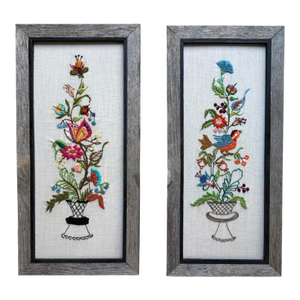 Vintage Textile Framed Wall Art Jacobean Panel Duo Crewel Embroidery Butterfly Bluebird