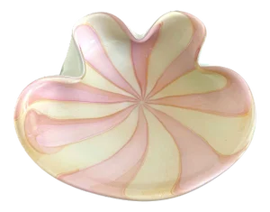 Vintage Mid Century Modernist Alfredo Barbini Murano Art Glass Pink & White Gold Leaf Fleck Pinwheel Stripe Swirl Large Bowl
