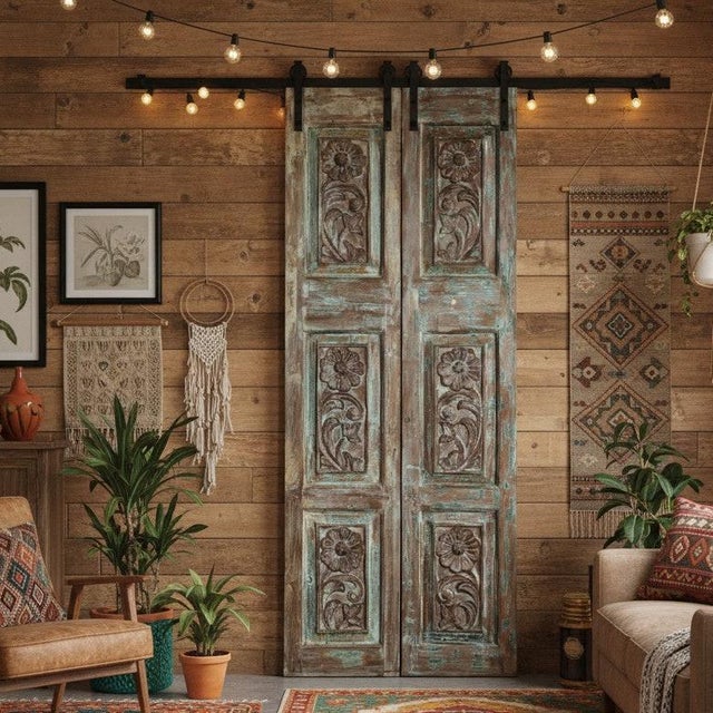 1920s Antique Floral Carved Double Barn Doors in Distressed Blue – Handcrafted Wood Doors 80x32 For Sale - Image 5 of 5