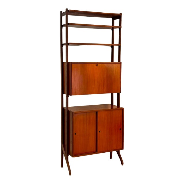 Italian Modular Teak Bookcase with Bar Compartment and Sliding Doors, 1960s For Sale
