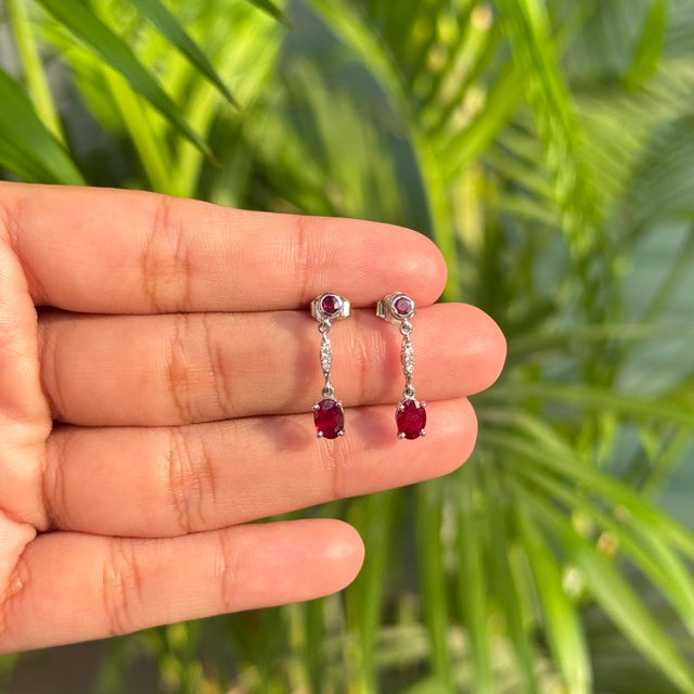 14k White Gold 1.35Ct Natural Ruby & Diamond Drop Dangle Earrings- A Pair For Sale - Image 10 of 14