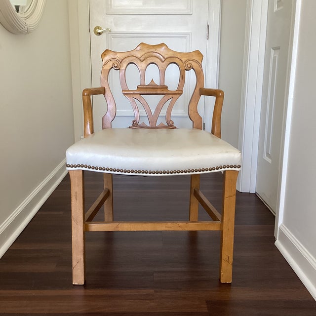Century Furniture Company carved wood armchair featuring a sculptural open-back splat with elegant scroll and arch...