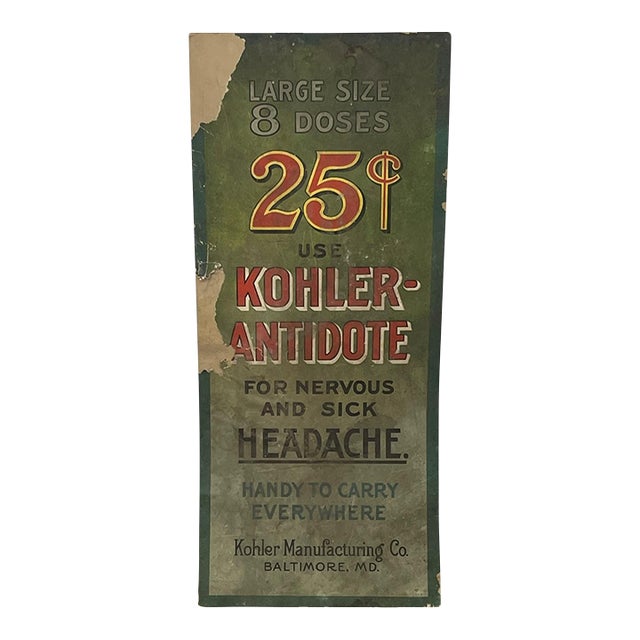 Vintage Kohler Antidote Advertising Sign, Baltimore Medicine Pharmacy Display. For Sale