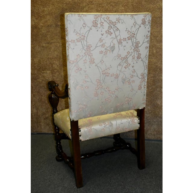 Carved Walnut Armchair French Style High Back Vintage Upholstered Floral Chair For Sale - Image 10 of 13