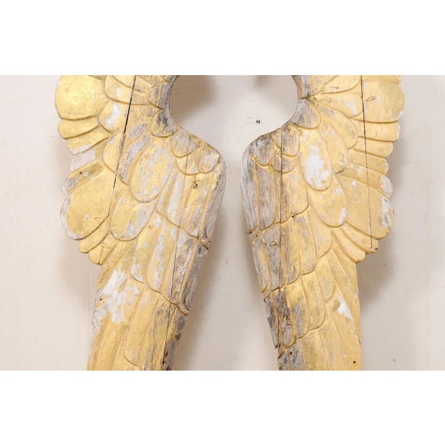 A very large pair of European carved and gilt wood wings on custom iron stands. This pair of vintage angel wings from...