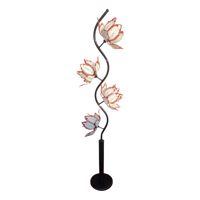 Vintage Metal and Glass Floor Lamp with Lotus Flower Shade, 1970s For Sale