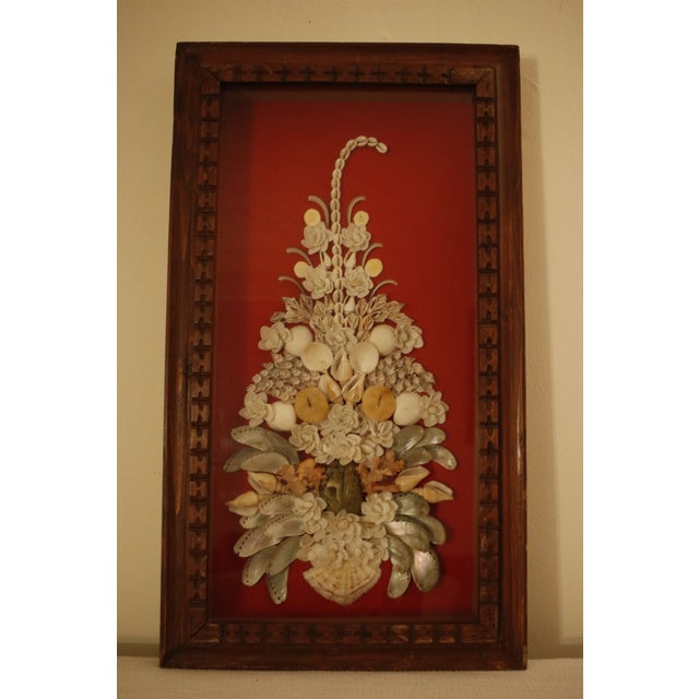 Shell Mid Century Sailor's Valentine Shell Bouquet With Carved Wood Shadow Box Frame For Sale - Image 7 of 15