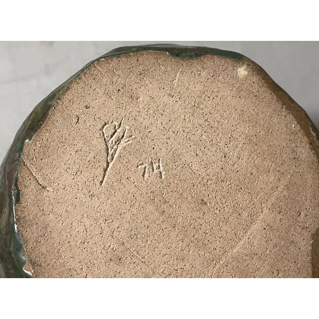 Unique Vintage Handmade Signed 74 Green Glazed Wrinkle Crinkled Art Pottery Vase For Sale - Image 9 of 13