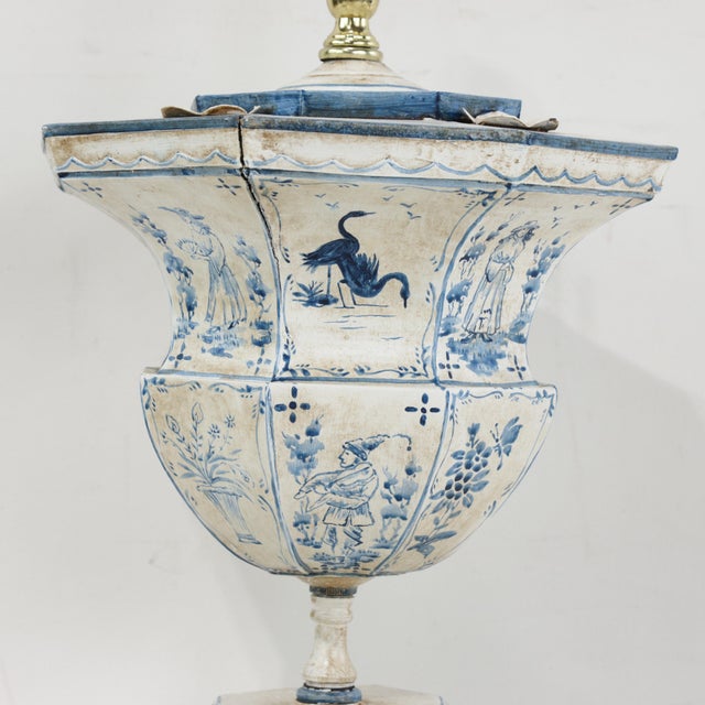 Metal Pair of Vintage Hand-Painted Dutch Blue and White Tile-Style Metal Table Lamp - Octagonal Urn With Pastoral Scenes For Sale - Image 7 of 16