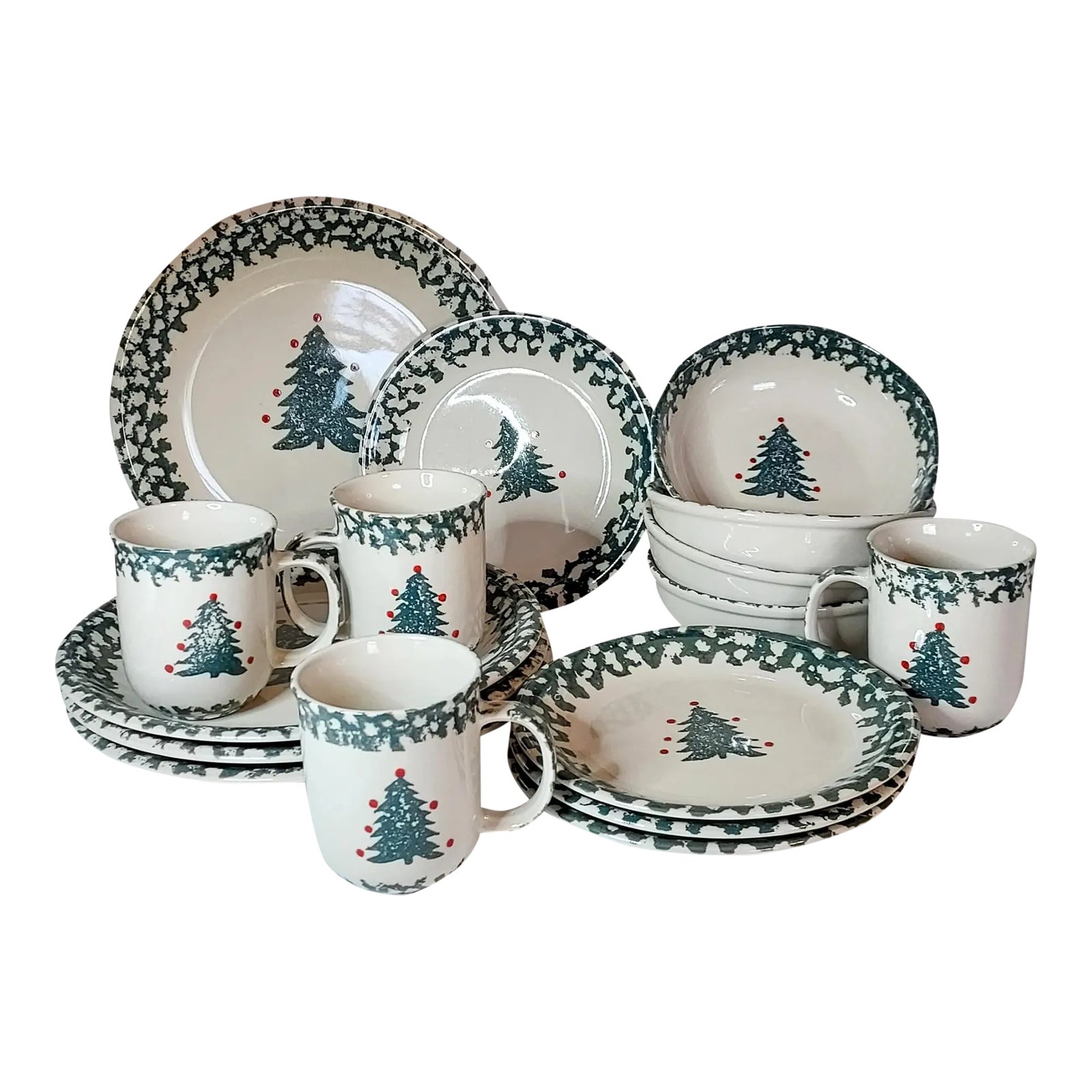 Vintage Spongeware Christmas Tree Dinnerware Set- 16 Pieces | Chairish