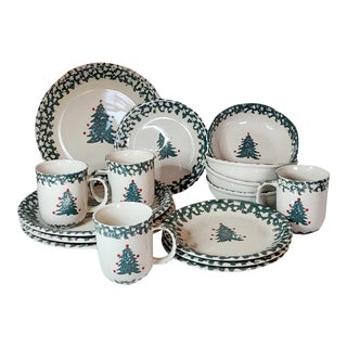 Vintage Spongeware Christmas Tree Dinnerware Set- 16 Pieces For Sale