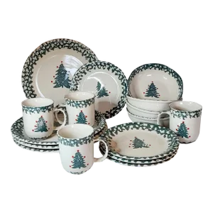 Vintage Spongeware Christmas Tree Dinnerware Set- 16 Pieces