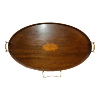Early 20th Century Mahogany Inlaid Serving Tray With Brass Handles For Sale