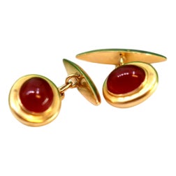 Yellow Gold Cufflinks with Garnet-Colored Oval Cabochons, Set of 2 For Sale