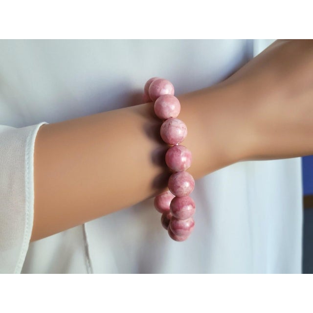 Pink Natural Rose Rhodochrosite Stretch Beaded Bracelet With Pink Matrix, 9" Long For Sale - Image 8 of 9
