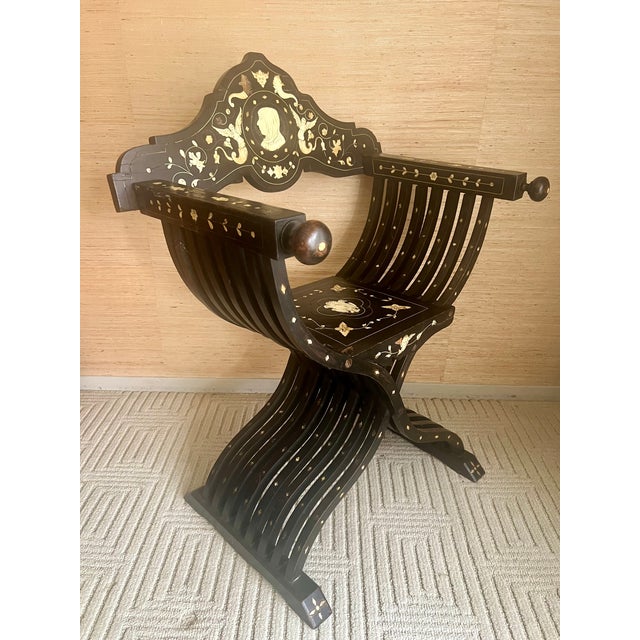 Traditional 19th-Century Antique Italian Renaissance Revival Inlaid Bone Savonarola Chair For Sale - Image 3 of 18