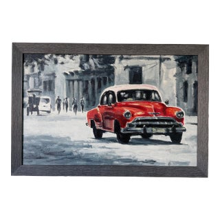 Modern Impressionist Havana Cuba Street Scene Oil on Canvas Painting With Red Classic Car, Signed For Sale