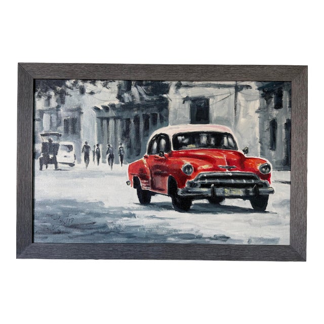 Modern Impressionist Havana Cuba Street Scene Oil on Canvas Painting With Red Classic Car, Signed For Sale